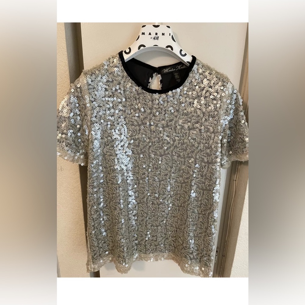 winter kate sequined short sleeve top silver sz s